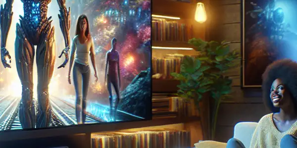 Friends gathered in a cozy living room, watching a sci-fi movie on a large screen with excitement.