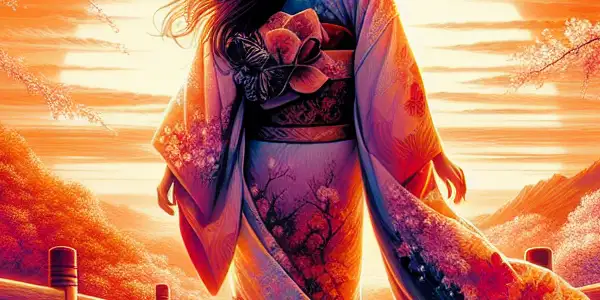 Tsuji Amane gracefully poses in a flowing kimono amidst a cherry blossom landscape at sunset, symbolizing love and beauty.