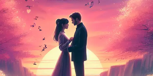 A couple gazes into each other's eyes on a bridge, surrounded by cherry blossoms at twilight.