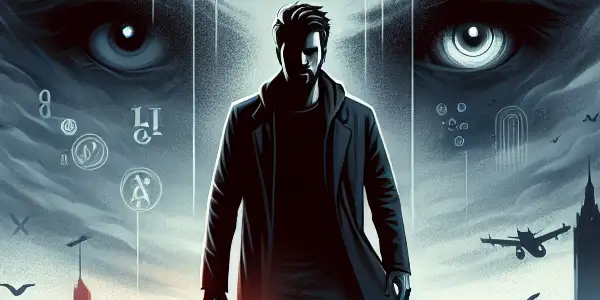 A determined protagonist stands at the edge of a dark cityscape, shrouded in mist, amidst looming danger.