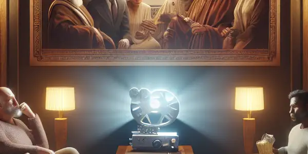 A diverse group of individuals in a cozy home theater, engaged in discussion while watching a thought-provoking film about morality.