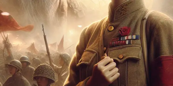 A courageous young woman stands in a smoky wartime landscape, embodying strength against oppression during the Second Sino-Japanese War.