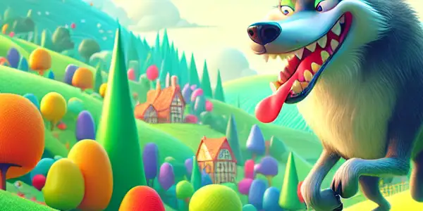 Pleasant Goat and Big Big Wolf humorously chase each other through a colorful, whimsical Sheep Village landscape.