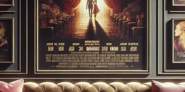 A cozy home theater with a plush sofa, large screen, warm lighting, and romantic decor featuring film posters and refreshments.