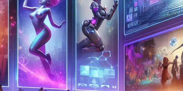 A futuristic virtual reality scene with diverse individuals engaged in immersive adult gaming experiences, surrounded by holographic displays.