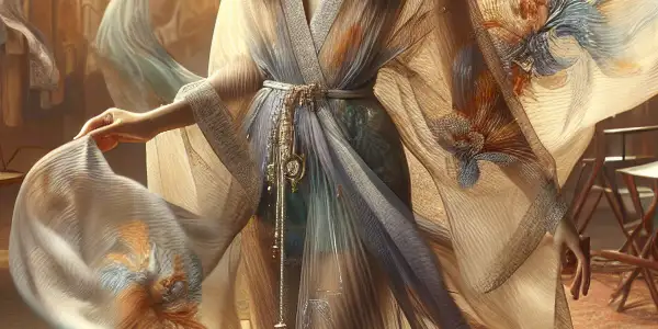 An elegant actor in a flowing silk costume, surrounded by a soft-focus film set, exuding allure and sophistication.