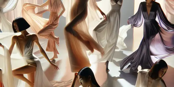 A diverse group of performers in flowing, elegant outfits engaged in expressive poses in a softly lit, atmospheric setting.