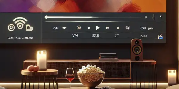 A cozy home theater with plush seating, abstract art on a screen, and elements symbolizing safety and relaxation.